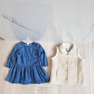 Baby Gap Vest Dress Bundle Girls 2 Cream Blue Denim Sherpa Faux Suede Boho